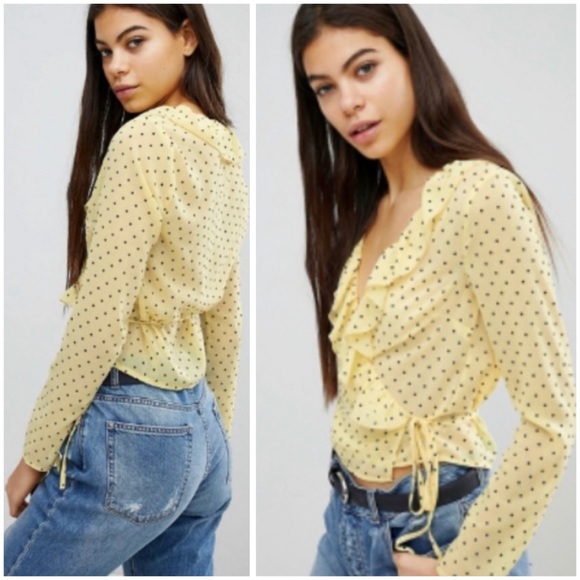 Missguided Tops - Missguided • Sheer Yellow Polkadot Wrap Top